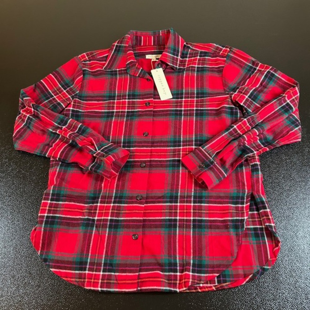 Cooper Key‎ Flannel Pajama Top Plaid Button Up Sleepwear Red Womens Extra Small